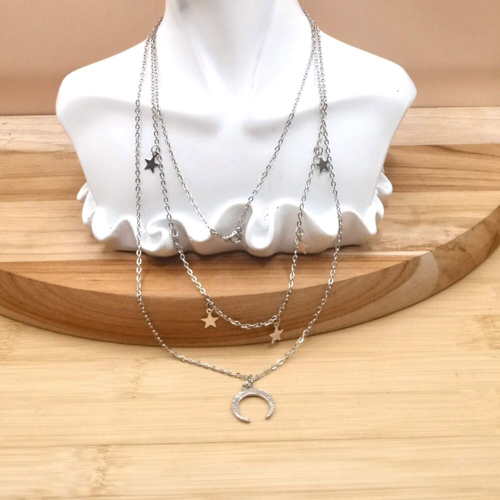 Celestial Star Moon Pendant Layered Necklace Silver Moon Charm 3-Layer Necklace
